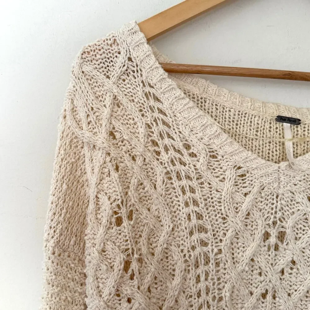 Free People Open Knit Cream Sweater‎ Size XS Boho High Low Lightweight Festival